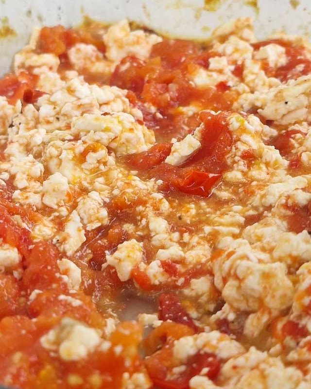 mashed feta and tomatoes