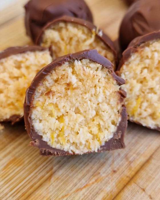 Chocolate-coated Peach Coconut balls