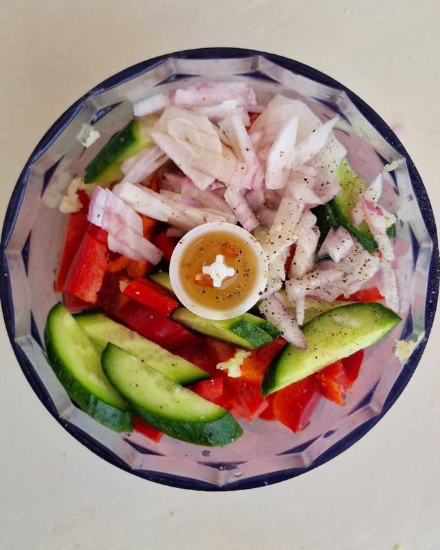 vegetables in blender for gazpacho soup