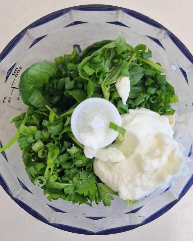 Greek yogurt, lemon juice, garlic, basil, cilantro, and chives