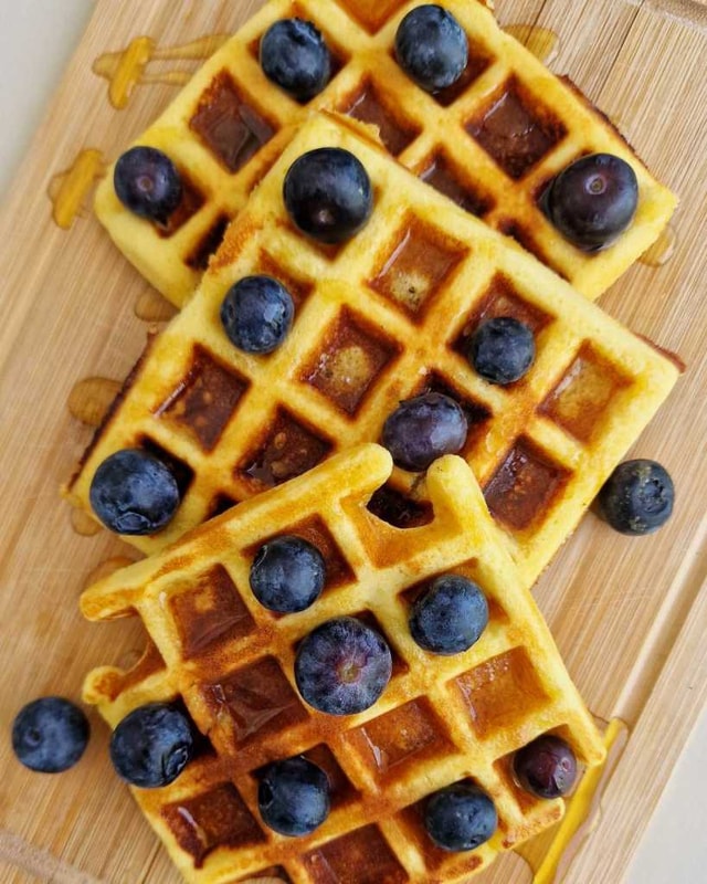 Coconut Flour Waffles with blueberries and honey