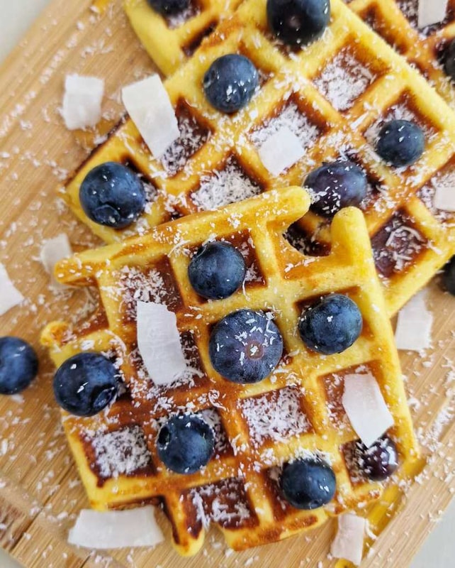 Coconut Flour Waffles with blueberries and honey