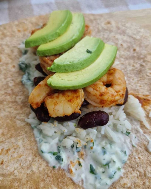 Healthy Shrimp Burrito with avocado, beans and yogurt recipe