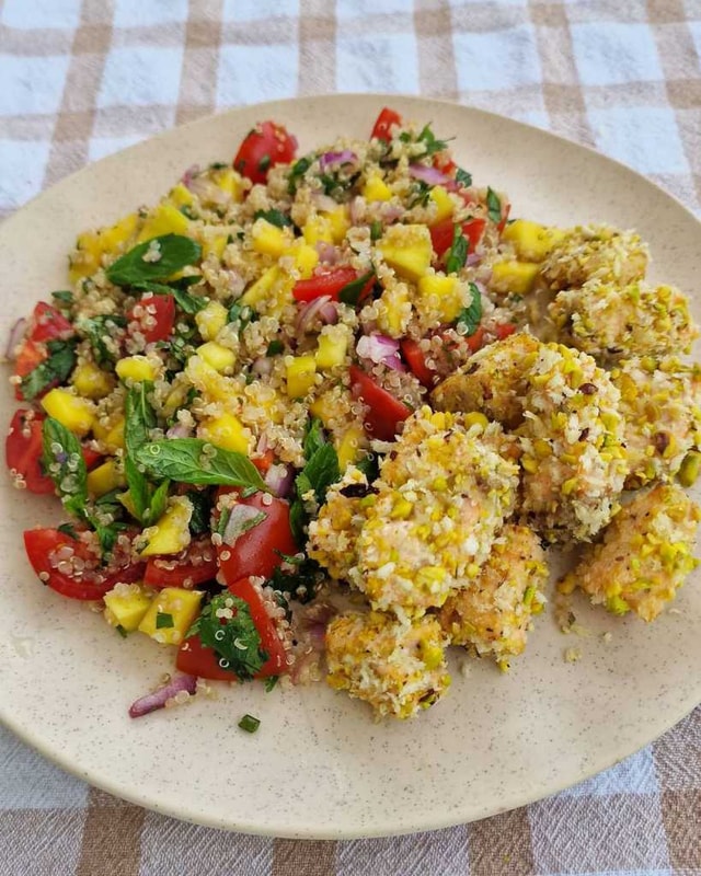 mango quinoa salad with pistachio salmon bites