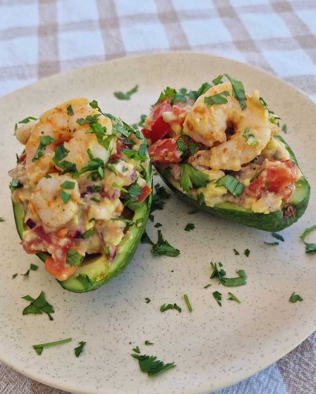 shrimp avocado boats with chopped cilantro