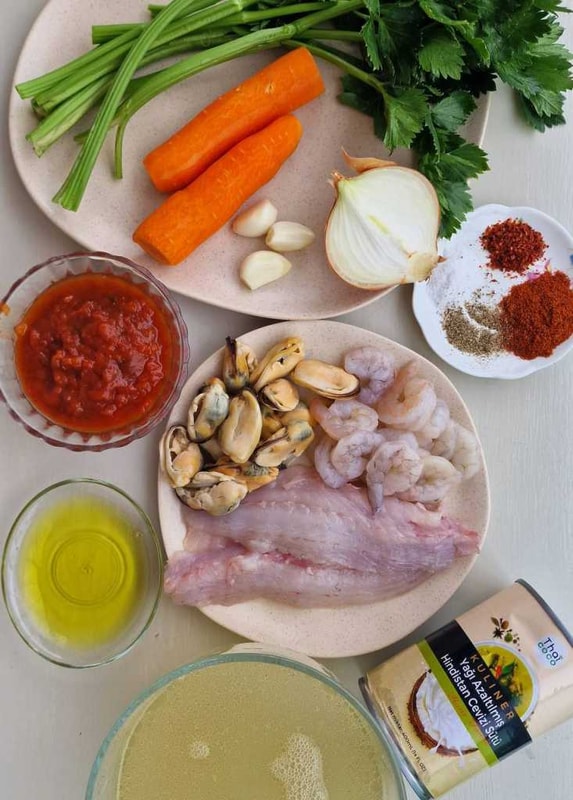 Seafood Soup with Coconut milk mussels, shrimp and sea bass recipe ingredients