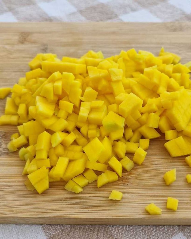 diced mango for Tuna Tartare with Mango and Prawn Crackers recipe