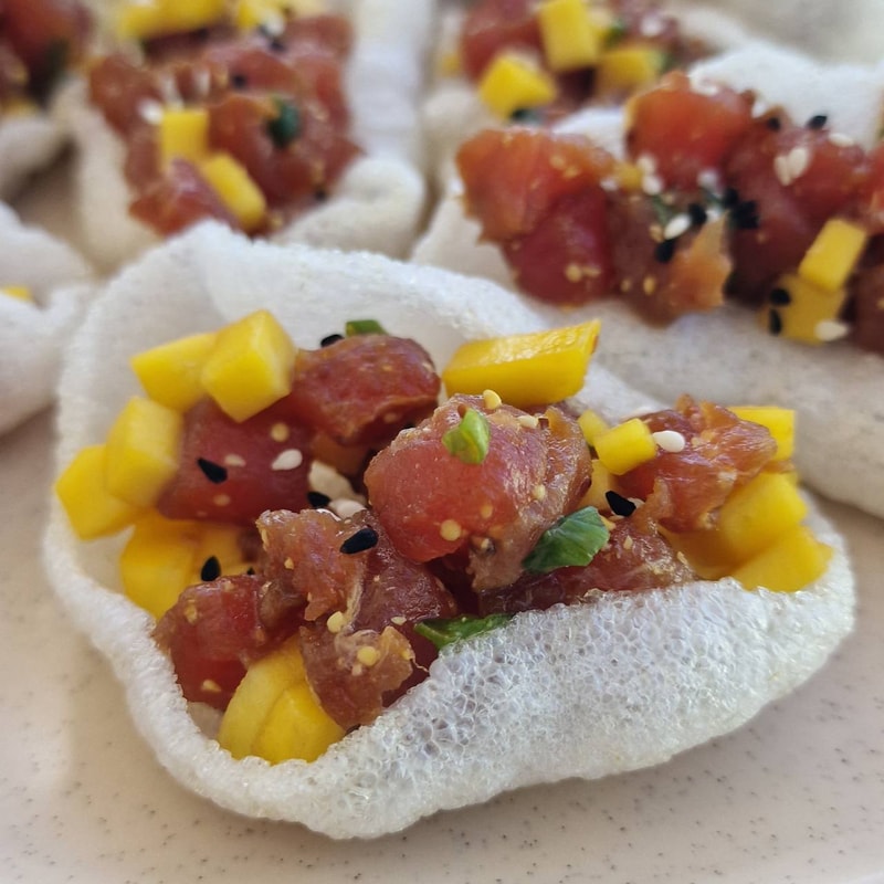 Tuna Tartare with Mango and Prawn Crackers