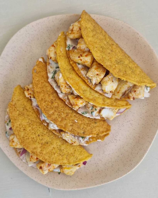 Whitefish Tacos with Baja sauce and red onion