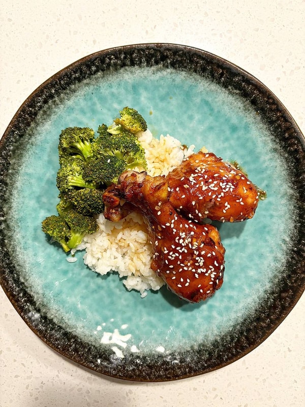 Honey-Soy Chicken Drumsticks with Basmati Rice & Baked Broccoli