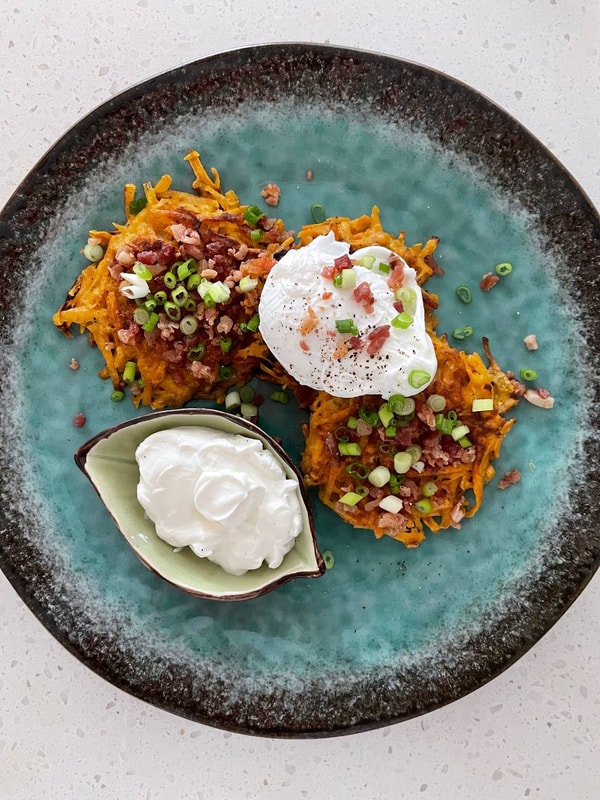 Sweet Potato Fritters with Bacon & Poached Egg