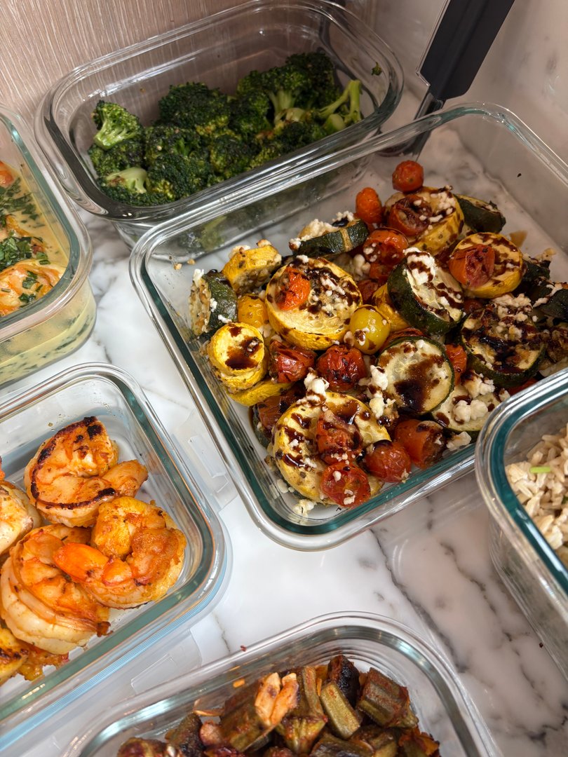 Roasted zucchini, squash, and cherry tomatoes with broccoli.