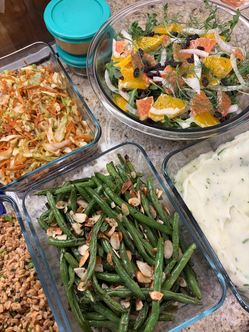Bright citrus and fennel salad, green beans, and mashed potatoes.